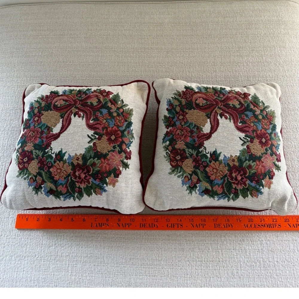 2 Floral Wreath Tapestry Throw Pillows Country 12x12 Decorative Bow Flower Decor